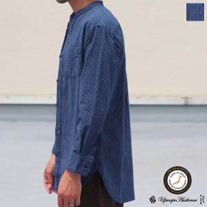 画像: インディゴサッカーストライプバンドカラーオーバサイズロング長袖_Shirts【MADE IN JAPAN】『日本製』/ Upscape Audience